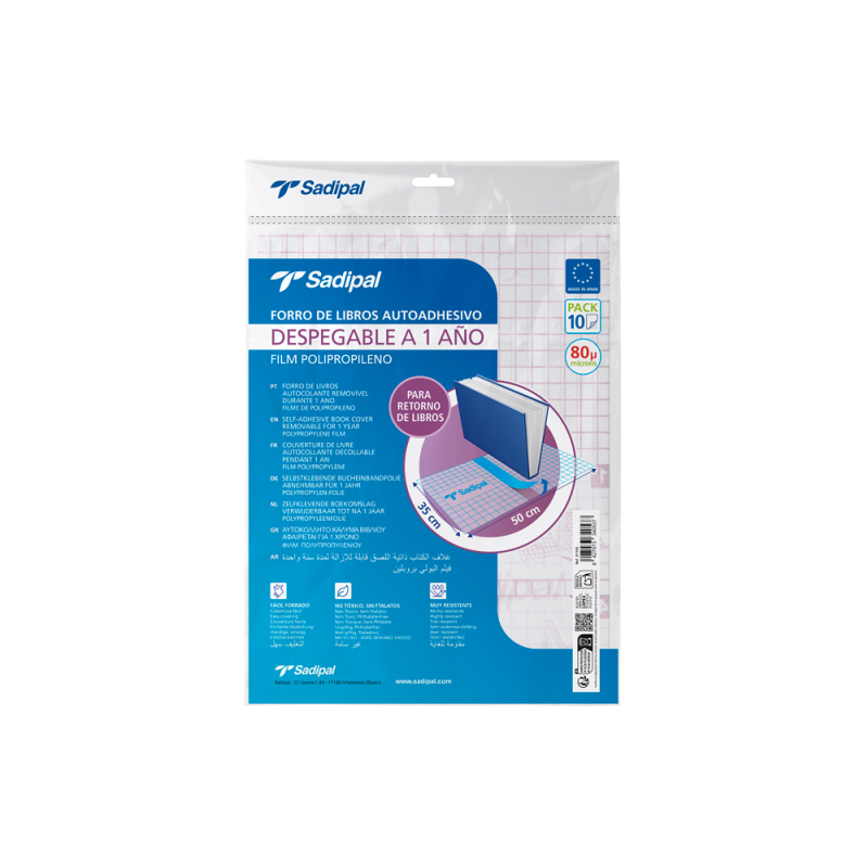 Forralibro adhesivo para libros sadipal desplegable 1 año 80 mc 50x35 cm pack de 10 unidades