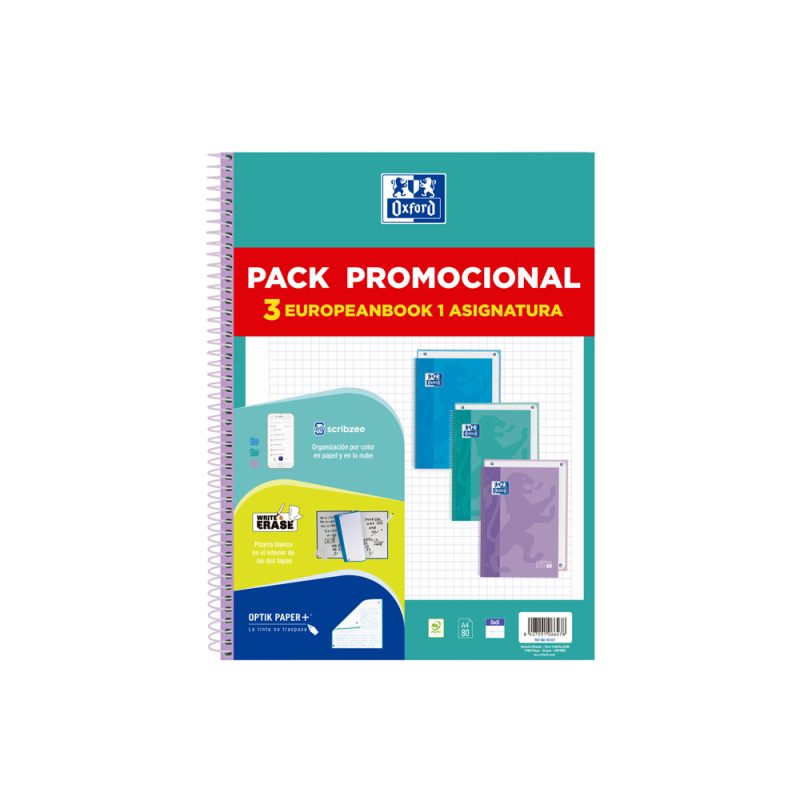 Cuaderno espiral oxford ebook 1 touch tapa extradura din a4+ 80h cuadro 5 mm pack de 3 unidades colores pastel