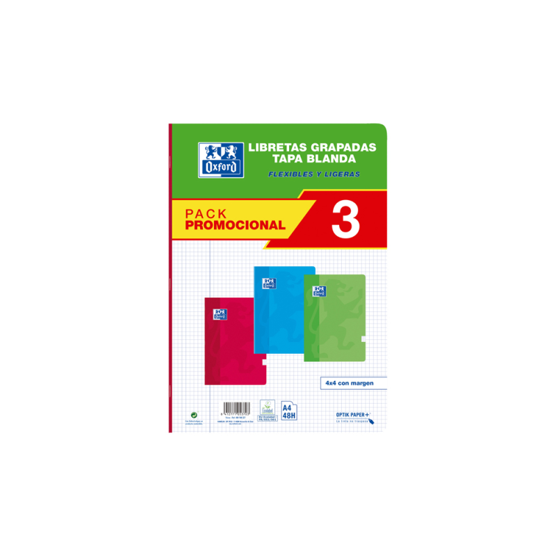 Libreta escolar oxford tapa blanda din a4 48 hojas cuadro 4 mm pack de 3 unidades colores surtidos