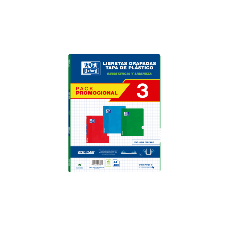 Libreta escolar oxford openflex din a4 48 hojas cuadro 4 mm pack de 3 unidades colores surtidos