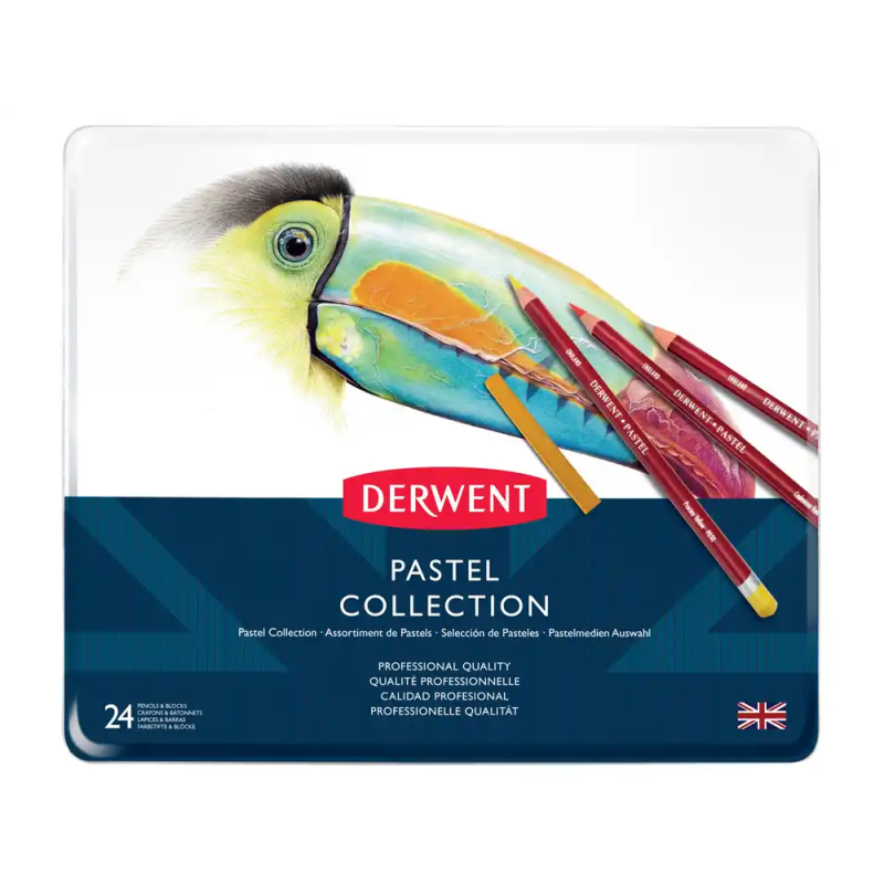 Barra acuarelable derwent pastel + 14 lapices colores pastel caja metalica de 24 unidades surtidas