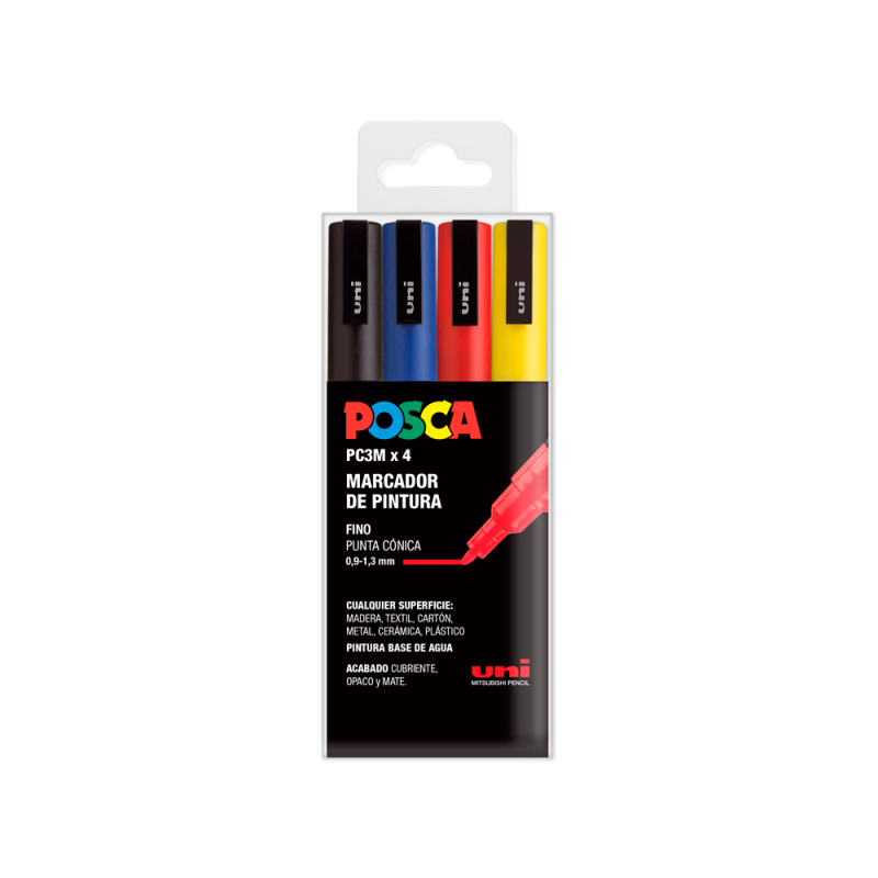 Rotulador uni posca pc-3m/4c marcador de pintura punta conica 0,9-1,3 mm estuche de 4 unidades colores basicos