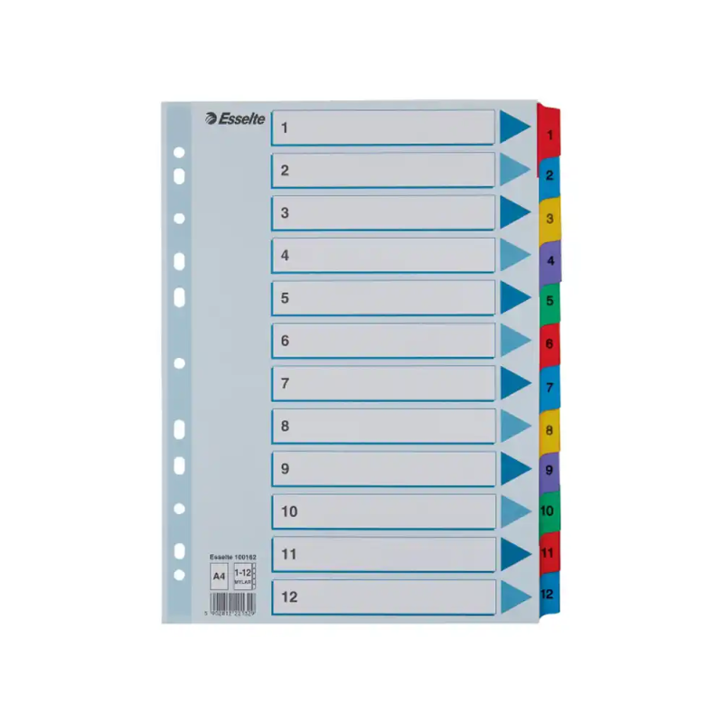 Separador numerico esselte cartulina mylar borra 1-12 juego de 12 separadores din a4 multitaladro multicolor
