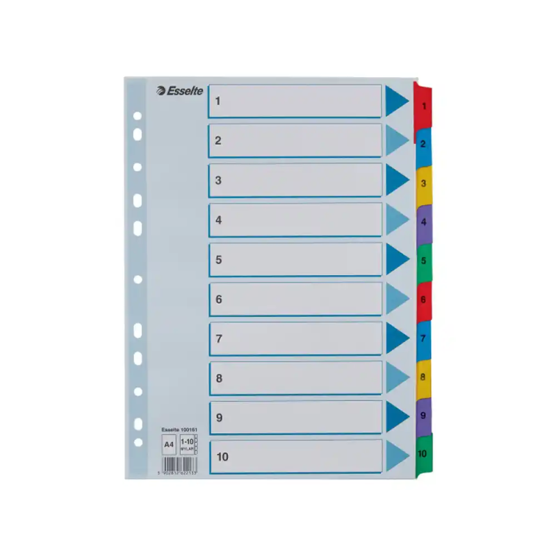 Separador numerico esselte cartulina mylar borra 1-10 juego de 10 separadores din a4 multitaladro multicolor