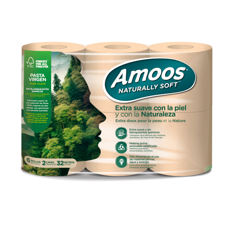 Papel higienico amoos naturally soft 2 capas pasta cruda paquete de 6 rollos 32 m