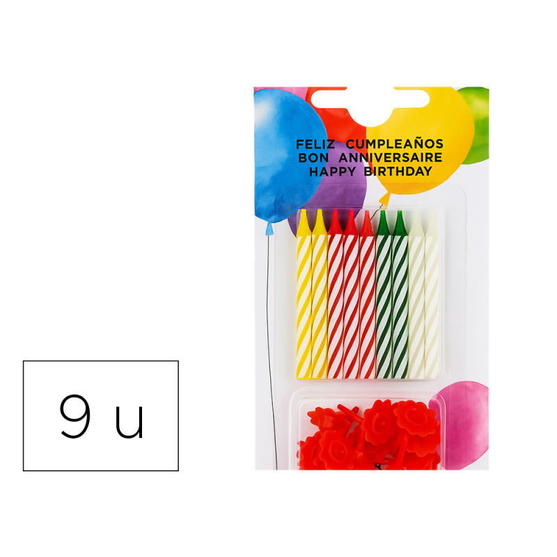 Velas cumpleaños con soporte blister de 20 unidades colores surtidos