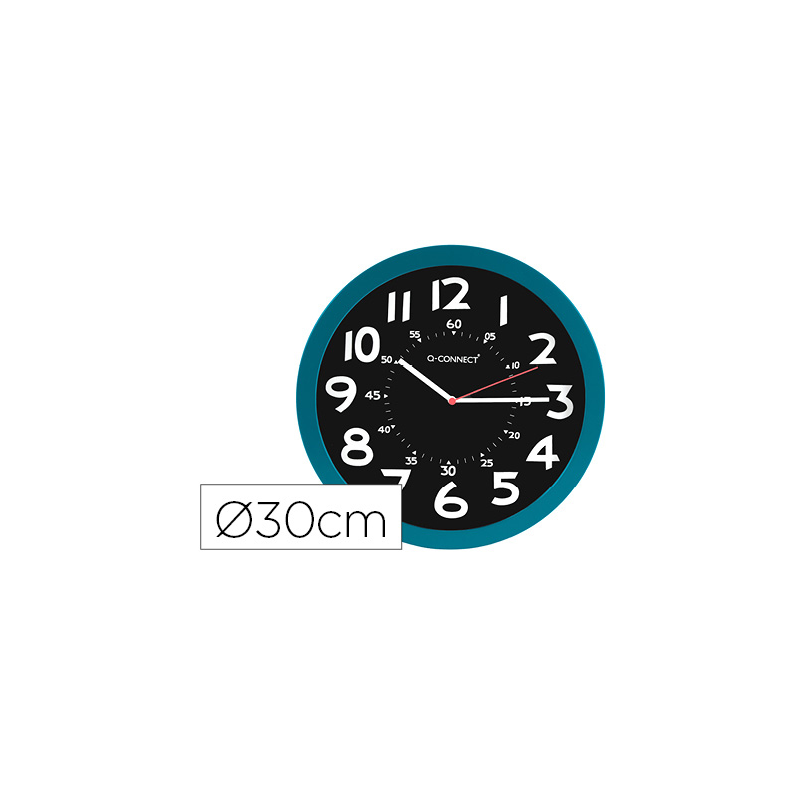 Reloj q-connect de pared plastico oficina redondo 30 cm color azul y esfera color negro