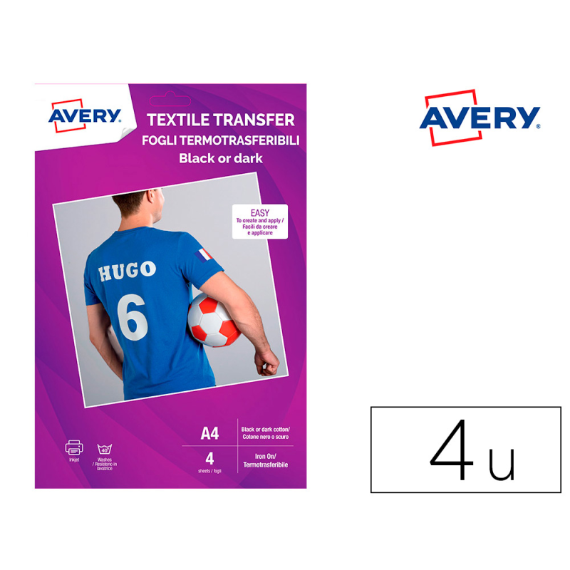 Papel transfer avery algodon oscuros ink-jet din a4 pack de 4 hoja