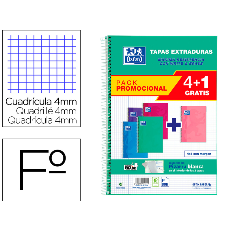 Cuaderno espiral oxford tapa extradura folio 80 hojas cuadro 4 mm con pizarra blancapack 4+1 colores tendencia