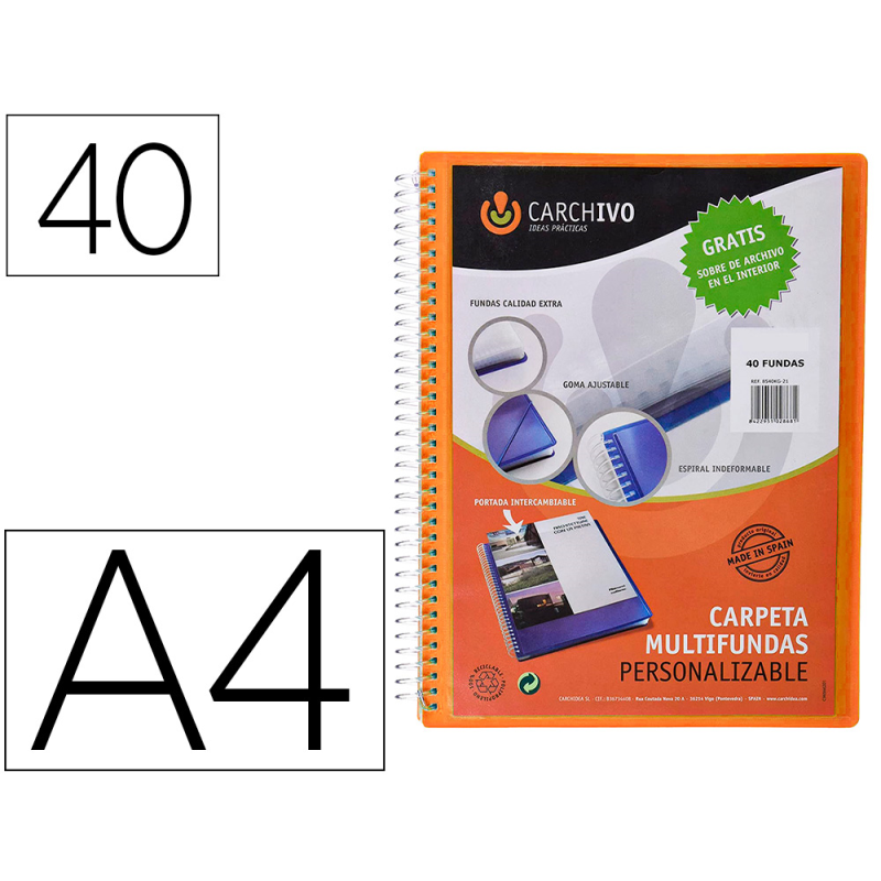 Carpeta carchivo archivex polipropileno canguro naranja escaparate con espiral 40 fundas cierre gomas din a4