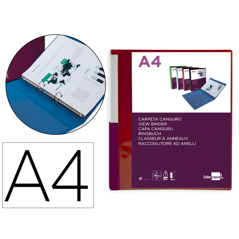 Carpeta liderpapel canguro 2 anillas 25 mm mixtas polipropileno din a4 rojo translucido