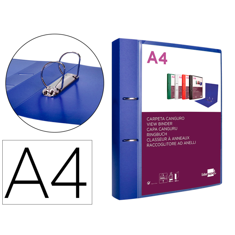 Carpeta liderpapel canguro 2 anillas 40 mm mixtas polipropileno din a4 azul translucido