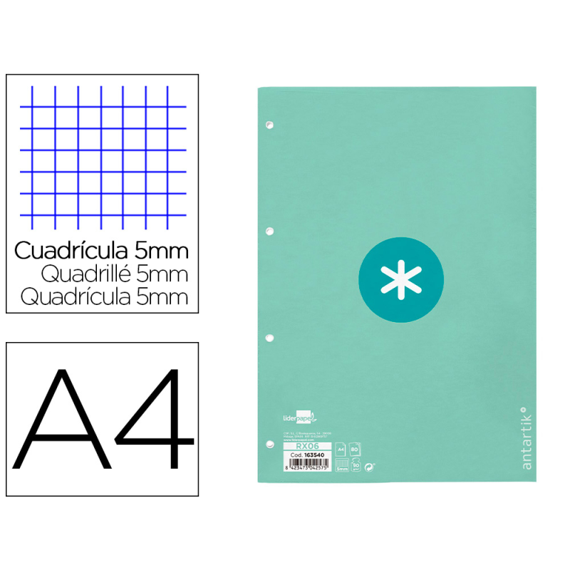 Recambio antartik a4 80 hojas 90gr cuadro 5 mm 4 taladros 1 banda marco color menta