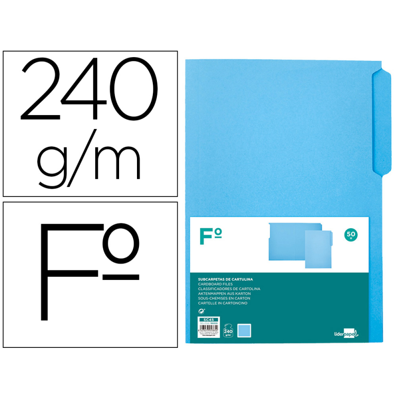 Subcarpeta cartulina liderpapel folio pestaña izquierda 240g/m2 azul
