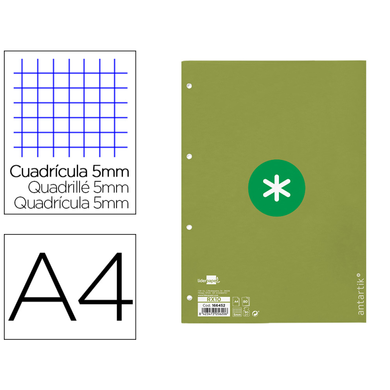 Recambio antartik a4 80 hojas 90gr cuadro 5mm 4 taladros 1 banda con marco color verde