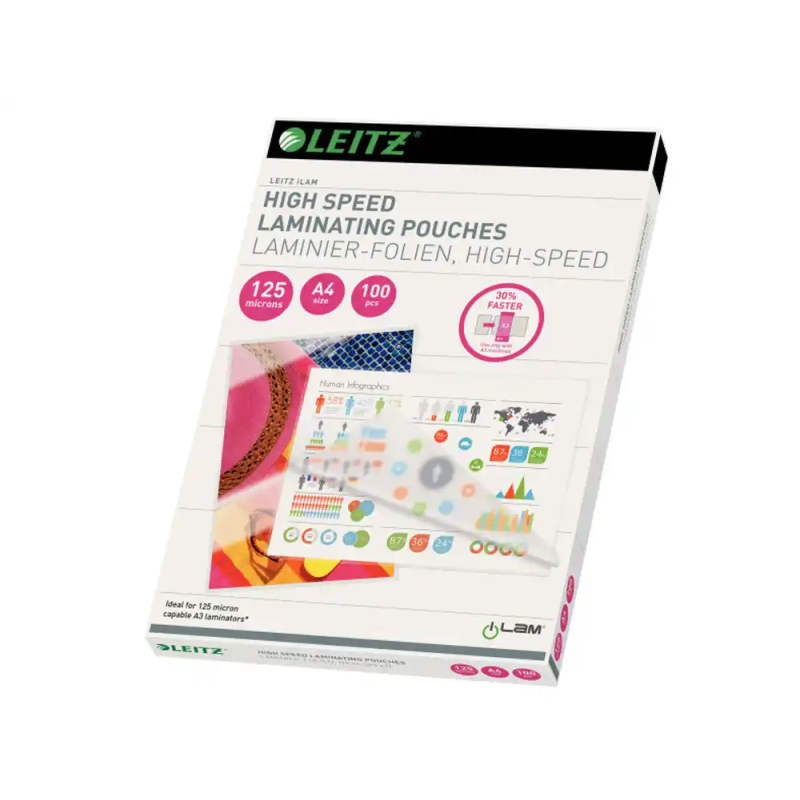 Bolsa de plastificar leitz din a4 alta velocidad cierre lado mas largo 125 mc caja de 100 unidades