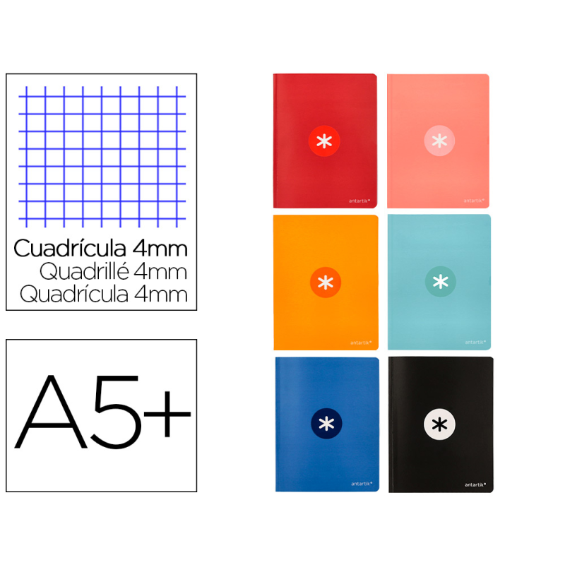 Libreta antartik a5+ plus cosida 48 hojas 90gr cuadro 4mm con margen 6 colores surtidos