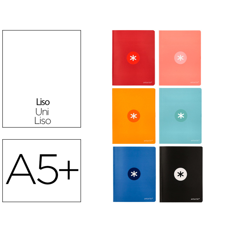 Libreta antartik a5+ plus cosida 48 hojas 90gr liso sin margen 6 colores surtidos
