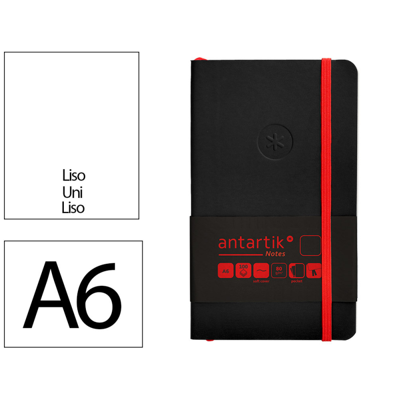 Cuaderno con gomilla antartik notes tapa blanda a6 hojas lisas negro y rojo 100 hojas 80 gr fsc