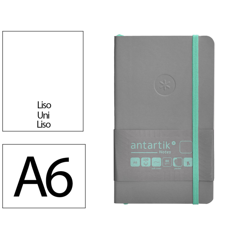 Cuaderno con gomilla antartik notes tapa blanda a6 hojas lisas gris y turquesa 100 hojas 80 gr fsc