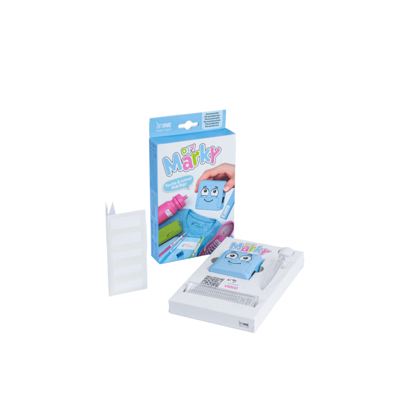 Sello marcador de ropa marky infantil azul incluye tinta kit de etiquetas y cinta termoadhesiva