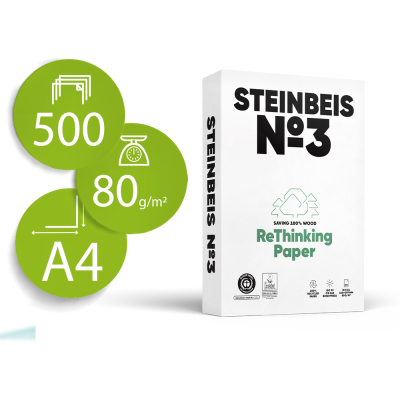 Papel fotocopiadora steinbeis n.3 100% reciclado din a4 80 gramos paquete de 500 hojas