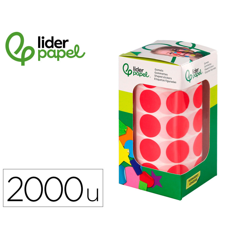Gomets liderpapel autoadhesivo circulos 20 mm rojo rollo de 2000 unidades en caja de carton