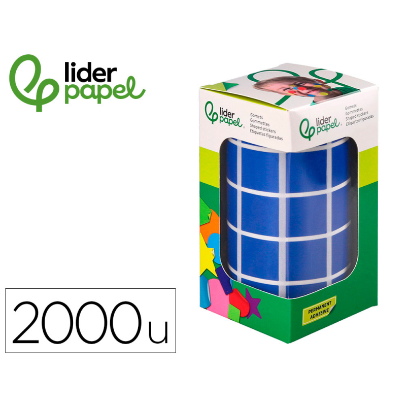 Gomets liderpapel autoadhesivo cuadrado 20x20 mm azul rollo de 2000 unidades en caja de carton