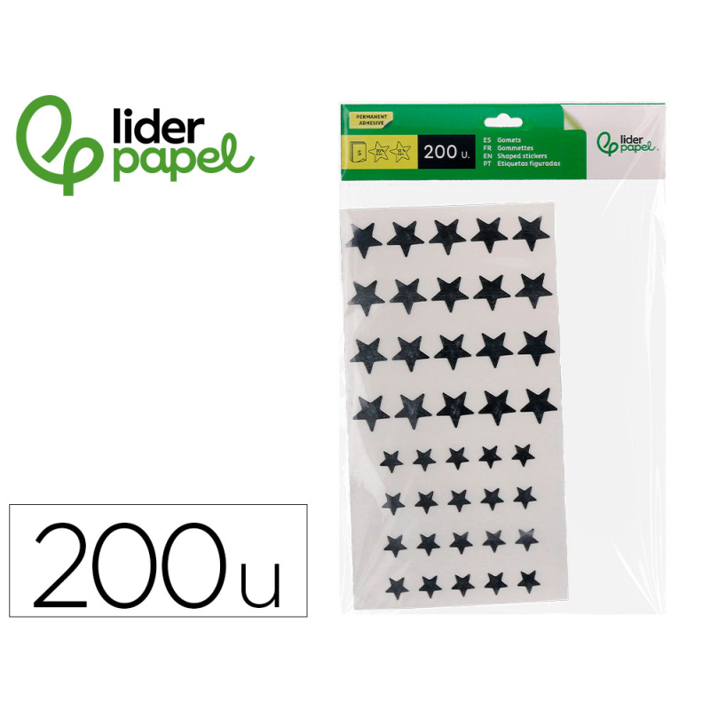 Gomets liderpapel autoadhesivo estrellas plateadas surtidas bolsa de 5 hojas con 200 unidades