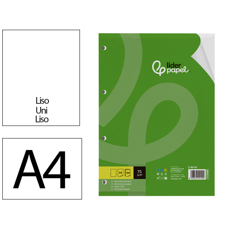 Recambio liderpapel a4 100 hojas 75gr liso sin margen 4 taladros