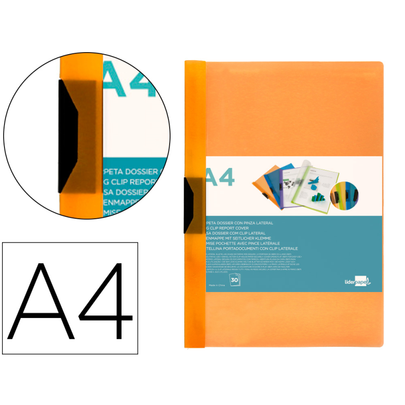 Carpeta liderpapel dossier pinza lateral 45301 polipropileno din a4 naranja 30 hojas pinza deslizante