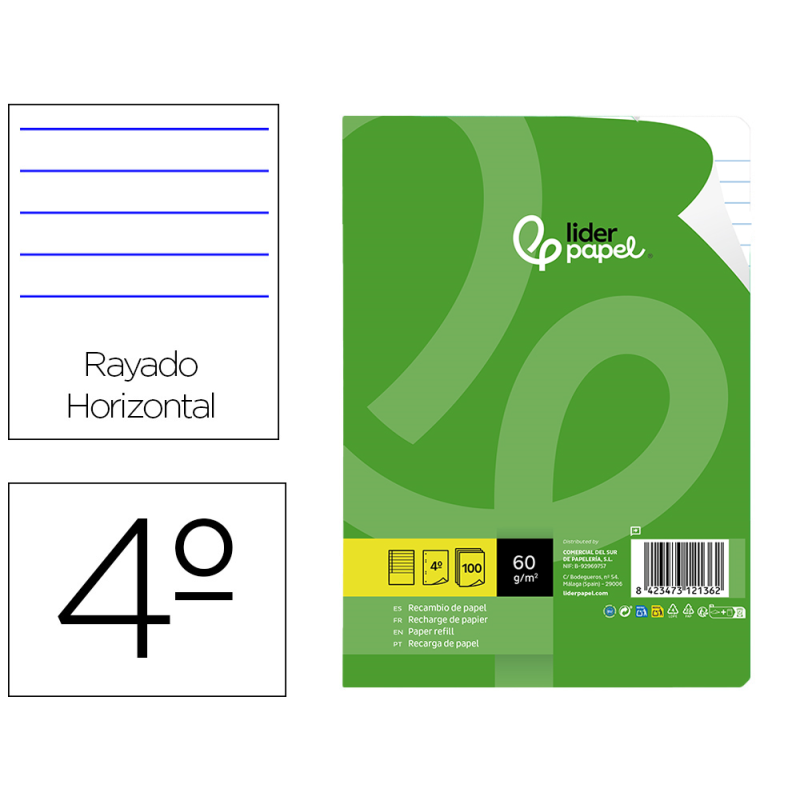 Recambio liderpapel cuarto 100 hojas 60gr horizontal con margen 6 taladros