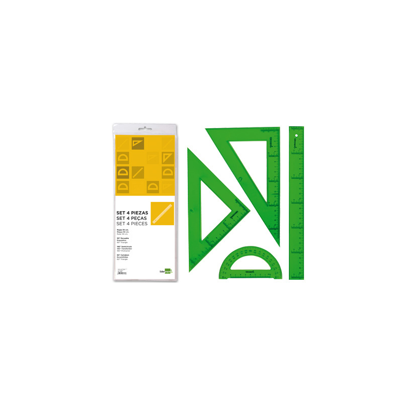 Juego escuadra cartabon regla 30 cm y semicirculo en petaca liderpapel verde