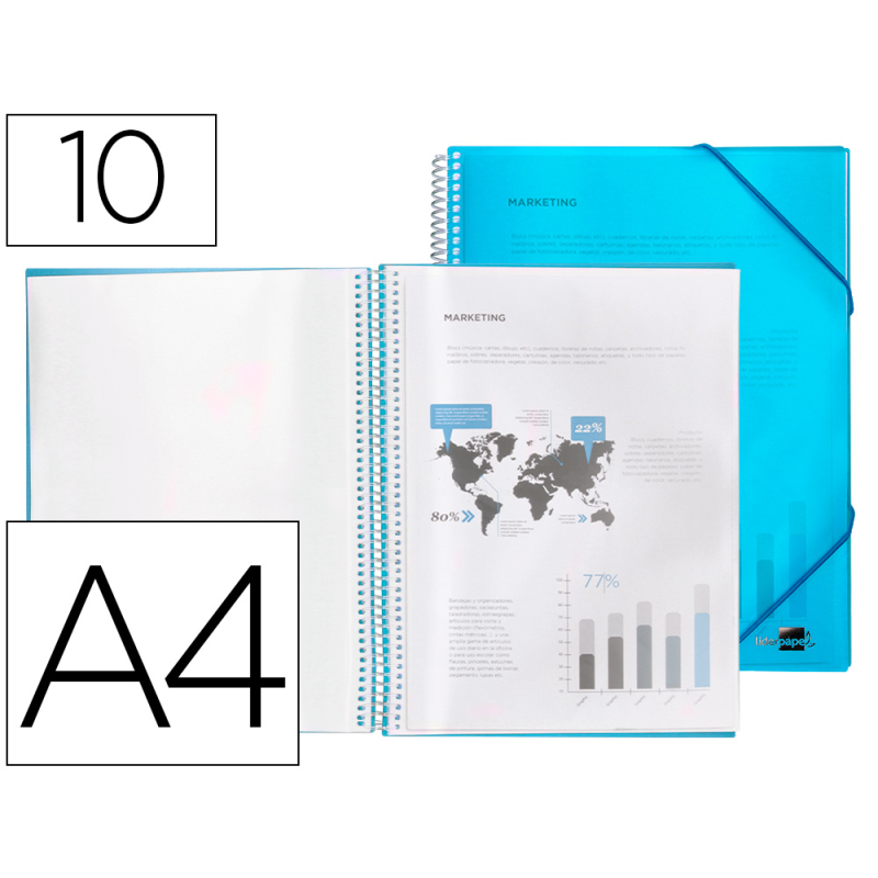 Carpeta liderpapel escaparate con espiral 10 fundas polipropileno din a4 azul