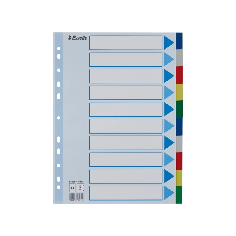 Separadores esselte din a4 polipropileno 10 posiciones multitaladro con cartulina indice color