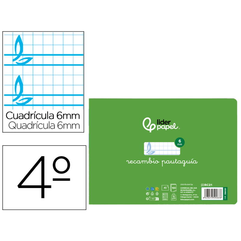 Recambio liderpapel cuarto apaisado pautaguia 100 hojas 75gr cuadriculado pautado 6mm con margen 2 taladros