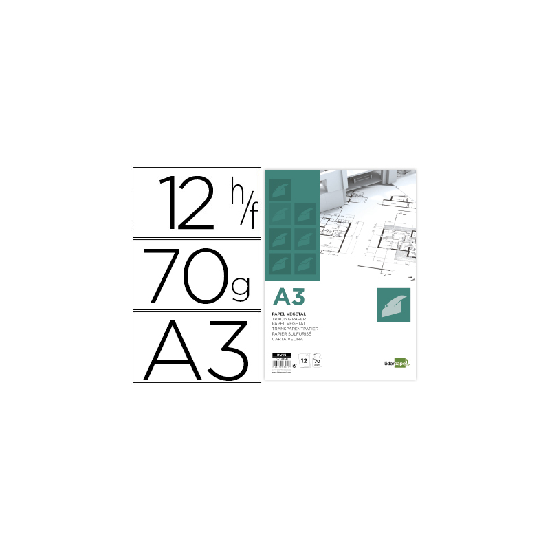 Papel vegetal liderpapel a3 70gr 297x420mm sobre de 12 hojas