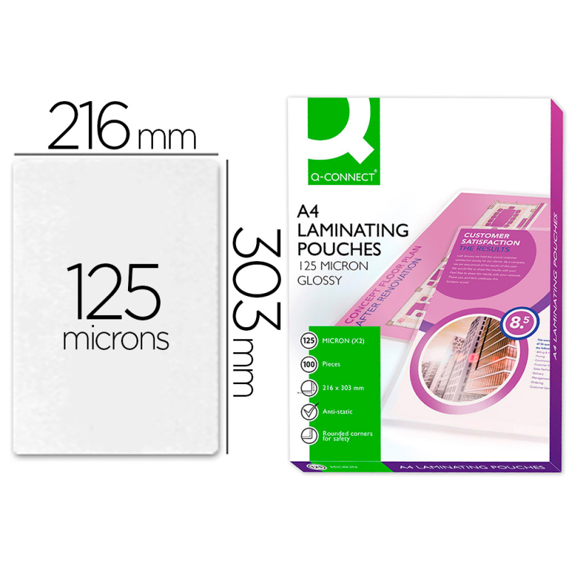 Bolsa de plastificar q-connect 303 x 216 mm 125 mc din a4 a caja de 100 unidades