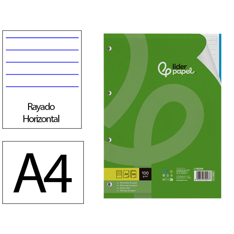Recambio liderpapel a4 100 hojas 100gr rayado horizontal 4 taladros bandas de 5 colores