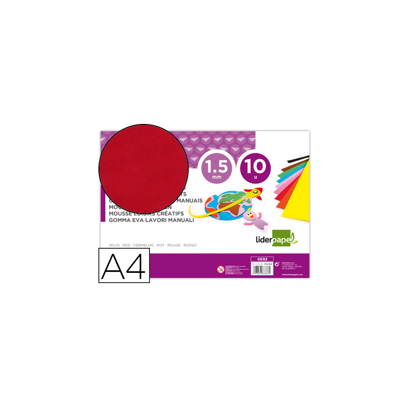 Goma eva liderpapel din a4 60g/m2 espesor 1,5mm rojo paquete de 10 hojas