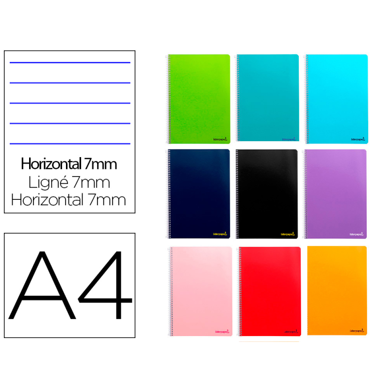 Cuaderno espiral liderpapel a4 micro smart tapa blanda 80h 60gr horizontal 7mm doble margen 4 taladros colores