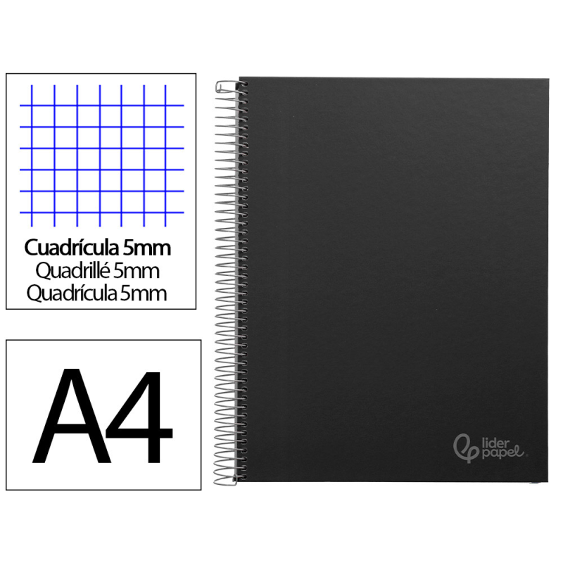 Cuaderno espiral liderpapel a4 micro jolly tapa forrada 140h 75gr cuadro 5mm 5 bandas 4 taladros color negro