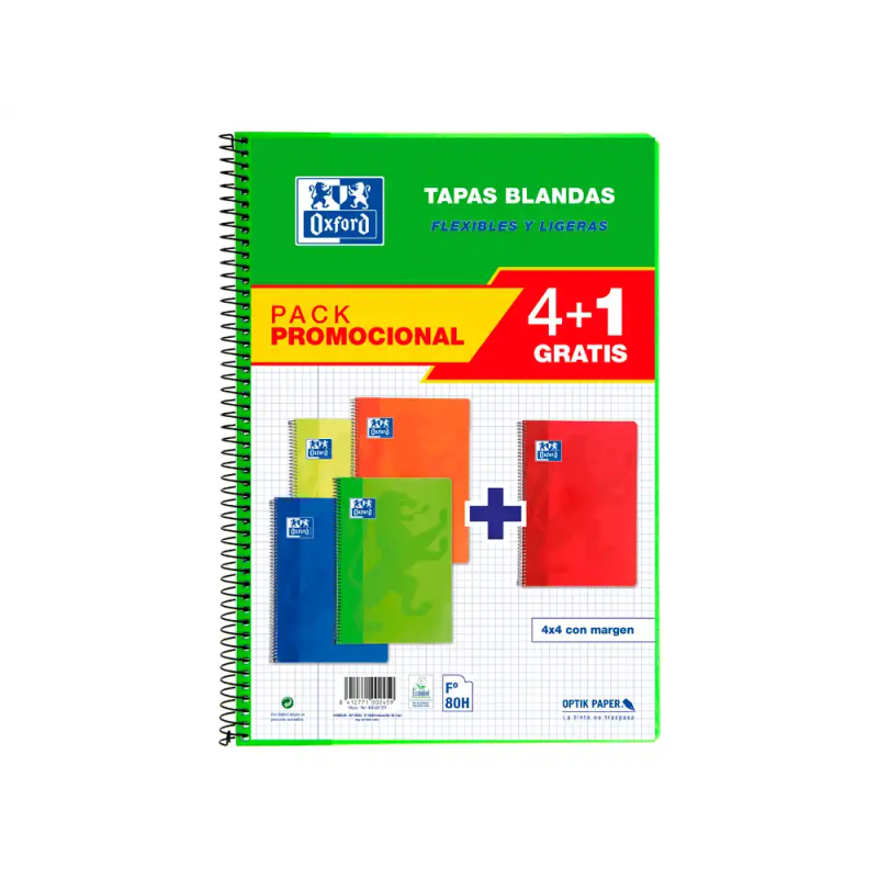 Bloc espiral oxford tapa blanda folio 80 hojas 90gr cuadro 4 mm colores vivos pack de 4+1