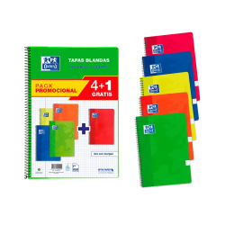 Bloc espiral oxford tapa blanda folio 80 hojas 90gr cuadro 4 mm colores vivos pack de 4+1
