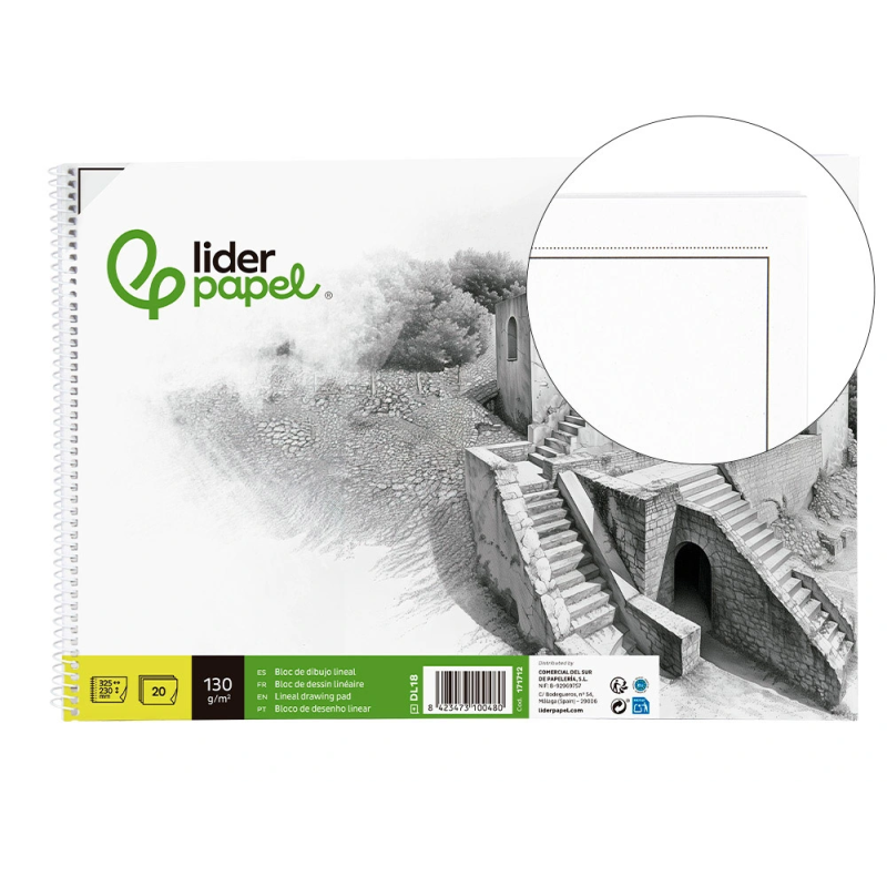 Bloc dibujo liderpapel lineal historico espiral 230x325mm 20 hojas 130g/m2 con recuadro perforado