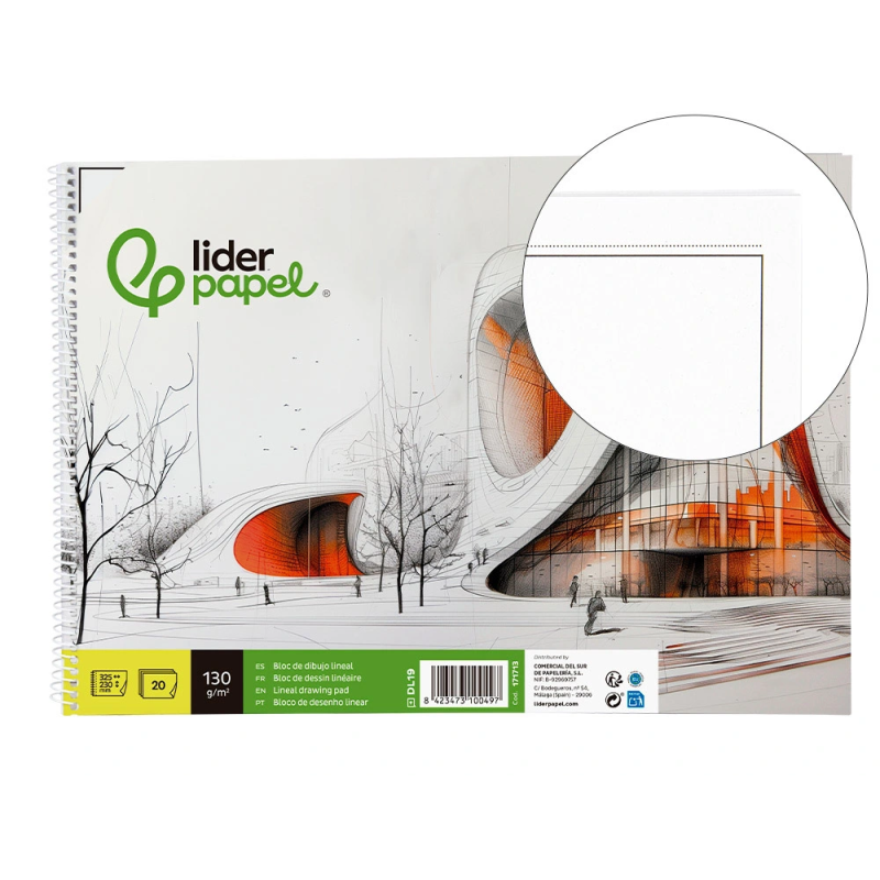 Bloc dibujo liderpapel lineal vanguardia espiral 230x325mm 20 hojas 130g/m2 con recuadro perforado