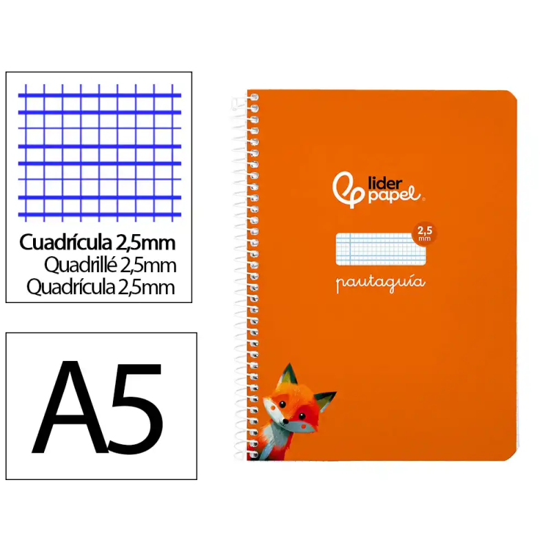 Cuaderno espiral liderpapel a5 pautaguia tapa blanda 40h 75gr cuadro pautado 2,5mm color naranja