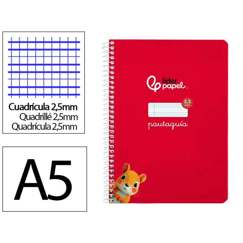 Cuaderno espiral liderpapel a5 pautaguia tapa blanda 40h 75gr cuadro pautado 2,5mm color rojo