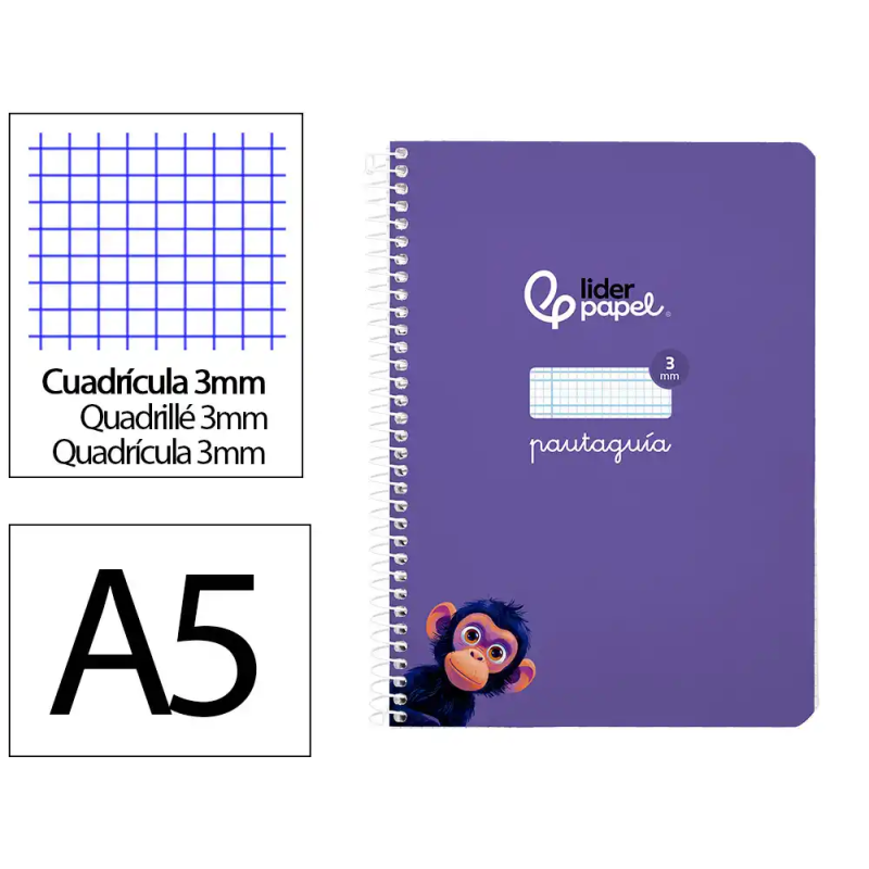 Cuaderno espiral liderpapel a5 pautaguia tapa blanda 40h 75gr cuadro pautado 3mm color lila