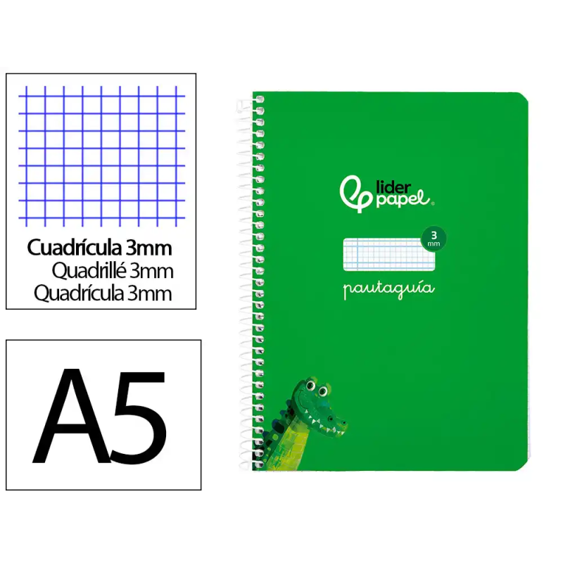 Cuaderno espiral liderpapel a5 pautaguia tapa blanda 40h 75gr cuadro pautado 3mm color verde